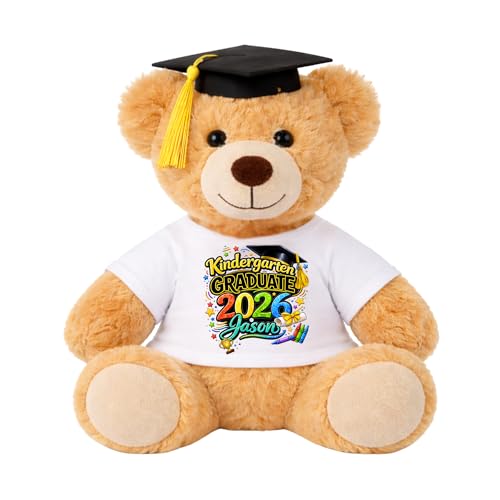 Personalized Graduation Bear • Custom Name Keepsake Gift • Class of 2026 Bear with Cap & Shirt • Graduation Party Decoration • Grad Gift Idea (Warm Honey)