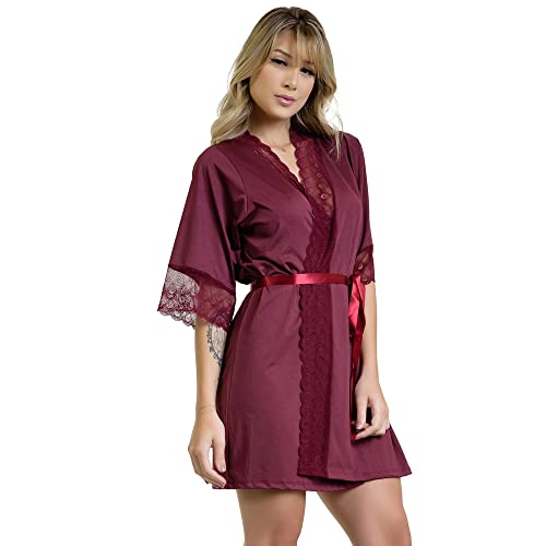 Kit 2 Robes Hoby Microfibra Renda Luxo Sensual (Preto+Rubro, M - 36/40)