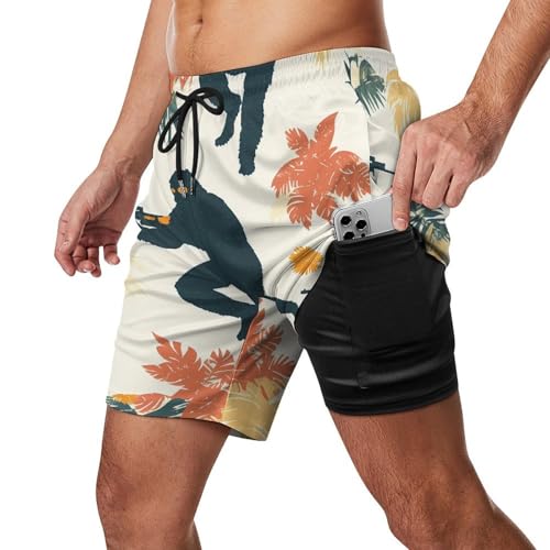Bigfoot Shooting Hawaii Tropical Plants Beach Shorts for Men Swim Trunks Quick Dry Swim Shorts with Compression Liner Pocket2