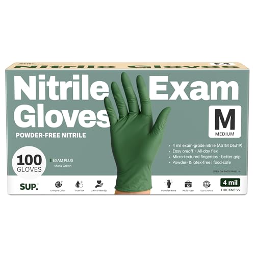 SUP Powder-Free Nitrile Exam Gloves 100 Count Food Safe Latex-Free Disposable Gloves for Medical Cooking Household Cleaning Food Prep Green (Medium)