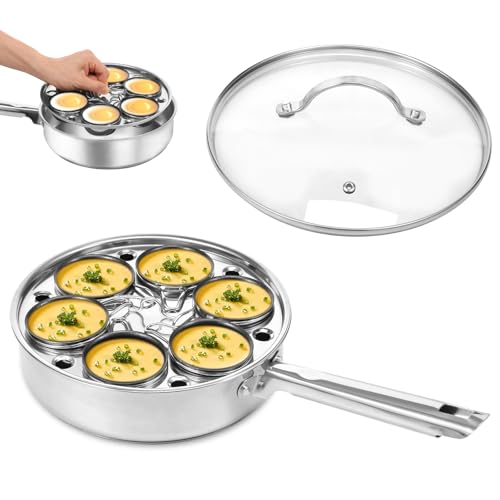Egg Poacher Pan, Poached Egg Cooker with 6 Cup Nonstick Stainless Steel 2 in 1 Egg Poacher Pan and Stew Pot with Lid Induction and Gas Stove Cookware Set