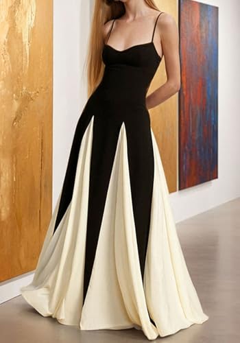 DINGANG Womens Elegant Sleeveless Color Block Long Dress Backless Pleated Patchwork Swing Flowy Maxi Dress2