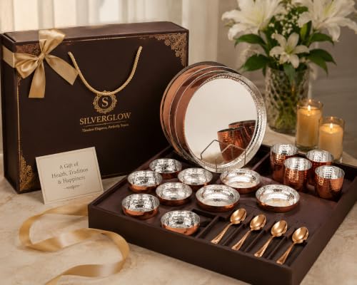 Image of Silverglow Hammered Stainless Steel Copper Dinner Set for 4 People, Pure-Copper thali Set of 24pcs, Durable, Ideal Gift for Anniversary, Wedding, Diwali, Hotel thali