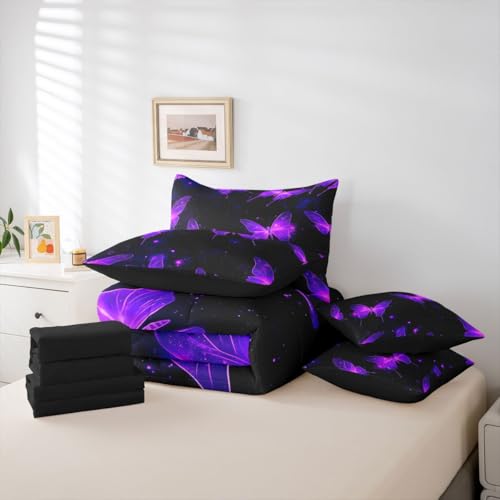 Image of Neon Purple Butterflies 7 Pieces Bedding Set Queen Size,Starry Sky Bed in a Bag,Outer Space Galaxy Bed Set Includes Comforter,Sheet Set,Pillowcases & Pillow Covers,Elegant Wildlife Bedroom Decor