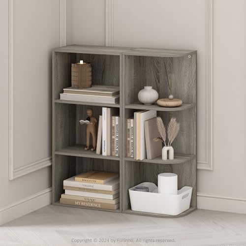 Image of Furinno Reed Corner Shelf, 3-Tier Corner Bookshelf, Book Shelf, Corner Shelves, Storage Rack, for Organization and Storage, Home Office, Living Room, French Oak