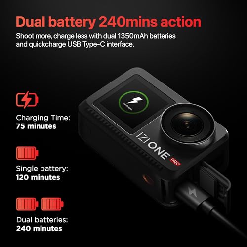 Image of IZI One Pro 5.7k Action Camera | Ultra HD Sony STARVIS Sensor | 20M Body Waterproof | 2 x Battery with 240min Recording | Dual OLED, 6-Axis Gyro Stabilisation | HQ Mic Support | Reels, Vlogs & Bikes