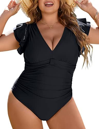 Blooming Jelly Women's Tummy Control Swimsuit One Piece Full Coverage Plus Size Bathing Suit Modest Long Torso Ruffle Swimwear (Black,3X-Large)