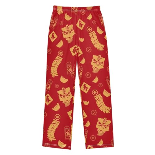 ZZXXB Chinese New Year Lion Boys Long Pants Soft Trousers Elastic Waist Kids Lounge Bottoms with Pockets S-XL