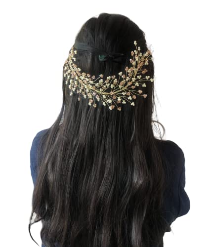 Image of Samyak Women Crystal Pearl Hair Vine Tiara Headband Headdress Hair Jewellery /Hair Pin /Bun Clip For Bridal Wedding Functions Bridesmaid (Peach)