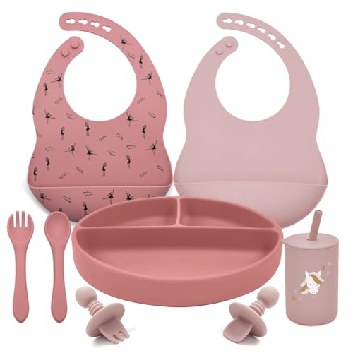 LITTLE RAWR Silicone Baby Feeding Set, Baby Led Weaning Supplies, Baby Spoons Suction Divided Plate Bib Cup, First Stage Solid Food Eating Utensils - 6+ Months(Pink-Red)