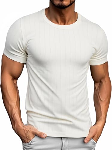 Genfien Camiseta de Manga Corta para Hombres Cuello Redondo Camiseta de Punto para Hombres Estilo Básico Color Sólido