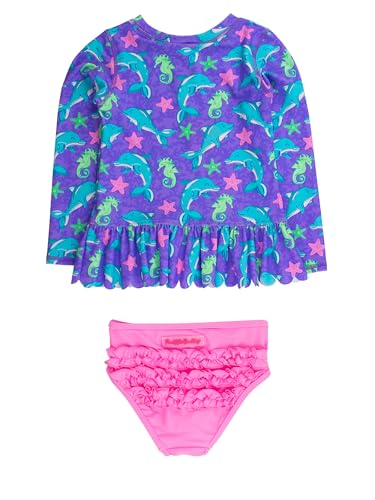 Image of RuffleButts Baby /Toddler Girls Scalloped Long Sleeve Rash Guard 2-Piece UPF50+ Sun Protected Swimsuit