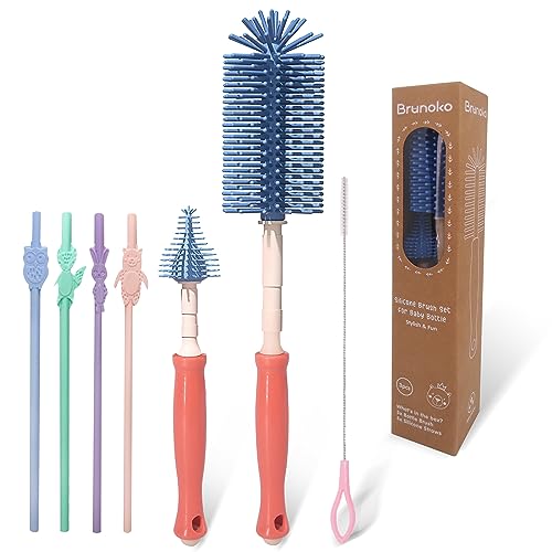 brunoko Goupillon Biberon et Tétine| Brosse de Nettoyage en Silicone pour bébé | Va au lave-vaisselle | 3 Pièces + Pailles réutilisables | Adapté pour le nettoyage des biberons de toutes marques