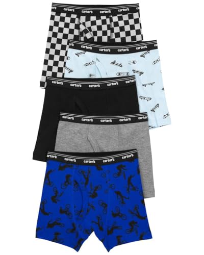 Consejos para Comprar Ropa interior deportiva para Niño - solo los mejores. 48 Carter's - Pack de 5 calzoncillos tipo calzones de algodón para niño, Cuadros/Negro/Gris/Azul Bicicleta, 10-12 Años