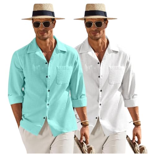 Image of Combo of Men's Casual Cotton Blend Shirt || Long Sleeve Button Down with Spread Collar | Lightweight Breathable Fabric | Stylish Solid Shirt for Beach, Office & Everyday Wear Pack of 2