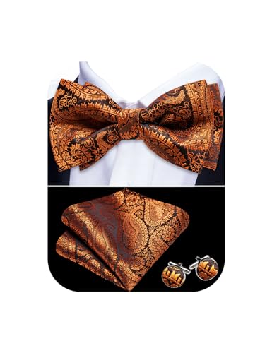 Image of Barry.Wang Paisley Striped Bow Tie for Men Silk Pre-Tied Bowtie Pocket Square Cufflinks Set Formal Wedding Party Prom