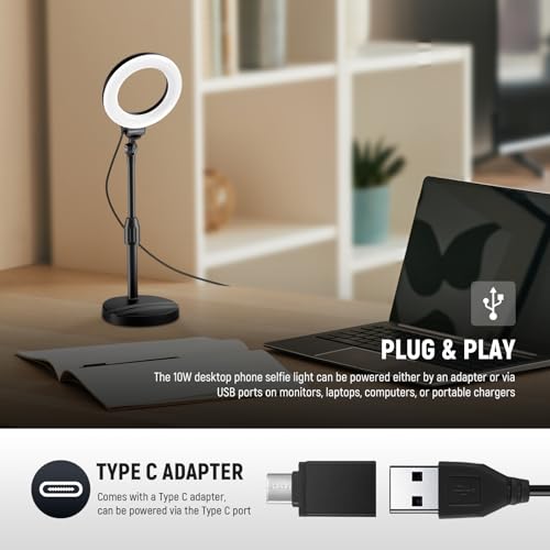 Image of NEEWER Basics 5 inch /13cm Desk Ring Light with Stand, 10W LED, Black BR60 | Phone Holder Base, Compatible with iPhone, Selfie, Video Recording, Makeup, Laptop Webcam Zoom, Video Conference Lighting