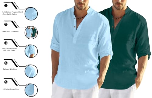Image of FINIVO FASHION Men's Cotton Blend Solid Full Sleeve Combo Short Kurta Shirt, Regular Fit Solid Pattern Mandarin Collar Straight Kurta Shirt