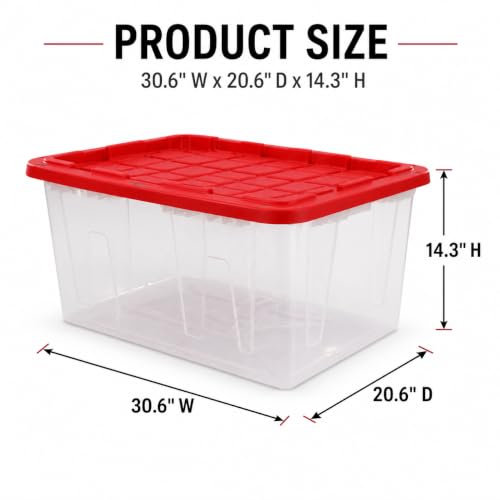 Image of Storage Bins 27 Gal Clear with Red Snap Lid 4 Pack for Garage | 4-Pack 27 Gallon Clear Storage Bins - Red snap lids with 2-point closure. Built-in handles and stackable design.