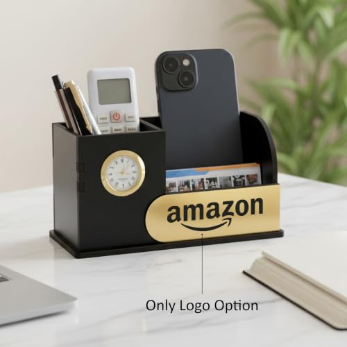 Image of Deskart Personalized Wooden Desk Organizer with Clock & Name Plate | Premium MDF Pen Stand, Mobile Holder, Visiting Card Holder & Office Table Organizer for Home and Office Desk