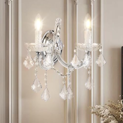 TMAFON Crystal Wall Lights, Modern Sconces - Brilliant 2 Light Maria Theresa Wall Lamp Light Fixtures, Wall Mounted Lamp for Bedroom, Living Room, Bedside, Corridor