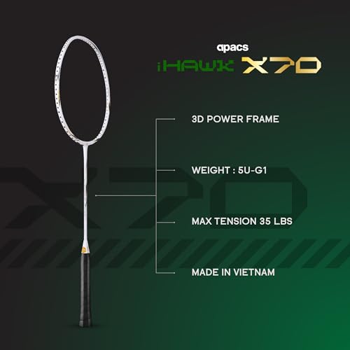 Image of Apacs iHawk X70 (Unstrung) Full Graphite Ultra Strong Carbon Fibre Badminton Racket with Falcon Kit Bag | 82-84g | 35 LBS Max Tension | 3D Power Frame | Made in Vietnam (White)