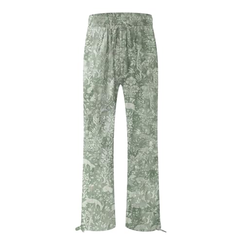 Today Clearance,Teacher Clothes for Women,Women Wide Leg Linen Pants High Waist Colorful Floral Floral Print Trousers Casual Boho Travel Vacation Outfits,C-Green,Large2