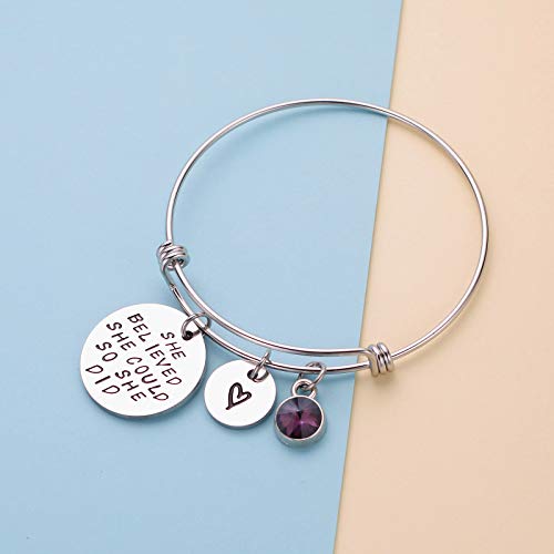 Image of LIUANAN Stainless Steel Inspirational Encouragement Bracelet She Believed She Could So She Did Expandable Bangle Birthstone Charm Cuff Bracelet