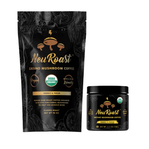 Neuroast Instant And Ground Organic Mushroom Coffee Bundle - Energy & Focus For Optimal Performance - Five Superfood Mushrooms #TOP17