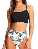 TALLWH Girls Swimsuits Size 14-16 Crewneck Adjustable Straps Tween Bathing Suits for Girls Wavy-Edge Two Piece Swimsuits Bikinis with Removable Bra Black