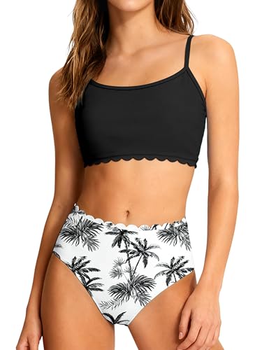Image of Girls Swimsuit Two Piece Bathing Suit Ruffle Trim Swimsuits for Girls Tankini with Drawstring Shorts Swimwear 9-18Y