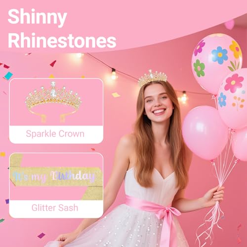 Birthday Tiara and Crown with Sash, Birthday Tiara for Women Party (Gold)