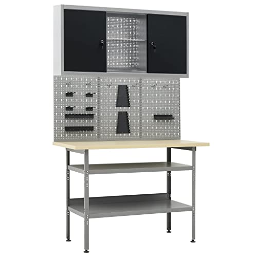 Snsowed Banco de trabaño con Tres Paneles de Pared y un Armario, Banco De Trabajo, Mesa De Trabajo, Banco Herramientas, Mesa Trabajo Taller