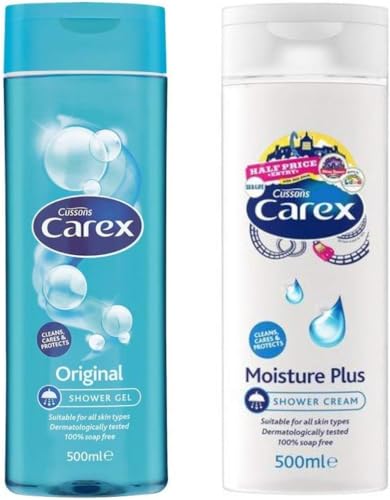 Carex Shower Gel & Moisture Plus Cream 2x500ml | Large Bottles | Soap Free Body Wash for Sensitive Skin | Dermatologically Tested | Hydrating Daily Cleanser for All Skin Types | SterlingSquare