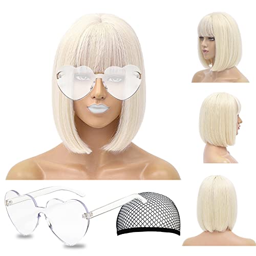 Image of LIULIUBTY Short Bob Hair Wigs Straight with Flat Bangs Synthetic Colorful Cosplay Daily Party Neon Wig for Women + Free Wig Cap 12 inch Natural As Real 10 inch Heat Resistant Synthetic Hair,Blond