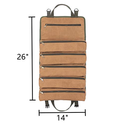 Wrench Tool Roll Bag, Heavy Duty Waxed Canvas Multi-Purpose Tool Organize Bag With 6 Zipper Pockets (Khaki) #TOP1