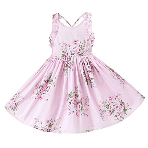 Toddler Vintage Floral Girls Dress Baby Backless Sundress Sleeveless Matching Outfits 5-6Y