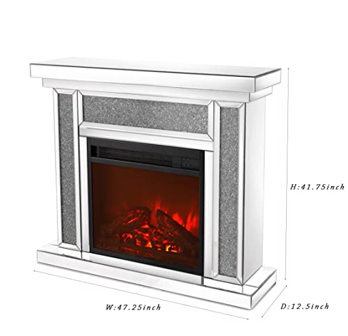 Deinppa Mirror Electric Fireplace With Remote Controller And Faux Diamonds, Mantel Freestanding Heater Firebox With 3D Flame,For Living Room 1500 W Electric Heating Furnace (W 47" X D 12.6 "X H 41.7") #TOP3