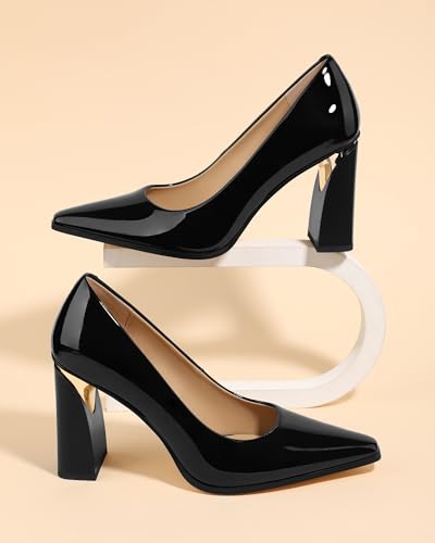 ROSERWISH High Chunky Block Heels for Women, Closed Pointed Toe Slip-On Pumps, Retro Vintage Style, 3.5" Comfortable Dress Shoes for Party, Work, Office, Prom & Wedding3