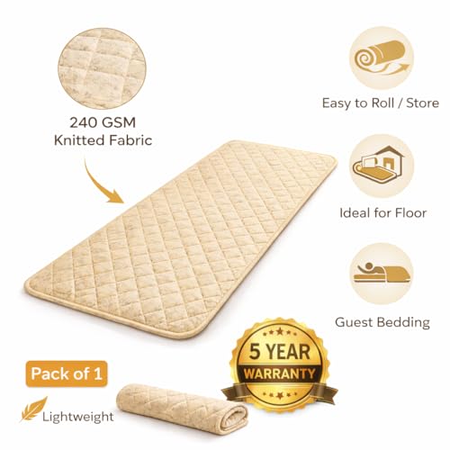 Image of PU Ultra Soft Foam Folding Mattress for Travel | Portable /Foldable Floor Mattress for Sleeping | 240 GSM Knitted Fabric| Indoor Quilted Roll-Up Yoga Mat for Home (Beige, 72x72)