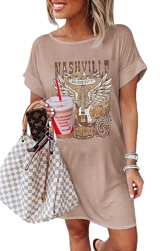 Image of Vintage Rock Country Music Dress for Women Rock Concert Band Graphic Tshirt Casual Letter Print Short Dress