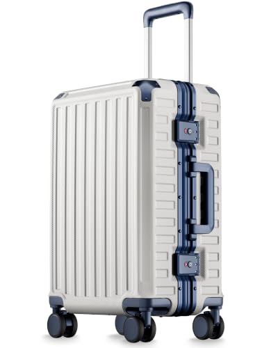 Image of LUGGEX Carry On Zipperless Suitcase, Aluminum, White & Navy, 20 inch | Carry On Luggage, 100% PC Hard Shell, 8010S Aluminum Frame, 8 Spinner Wheels, TSA Lock, Hard Shell, ZX-Core