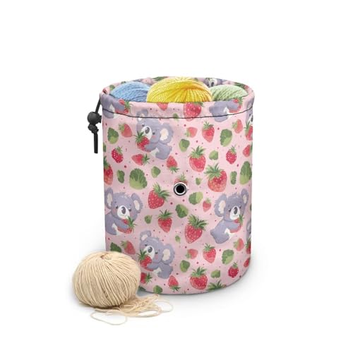 Image of Sellikakes Koala Strawberry Yarn Bag with Drawstring, Knitting Crochet Yarn Storage Bags Organizer Crochet Accessories for Crocheting Project, Store Skein Ball,Short Knitting Needles