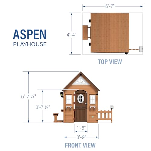 Image of Backyard Discovery Aspen Cedar Wooden Kids Playhouse Cottage with Play Kitchen, Snack Bar, Picnic Bench, Dinner Bell, Mailbox, Dutch Door, Flowerpot Holders, Toy Lights, Country Style for Outdoor Play