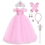 ❤❤ Encantadoras niñas Vestido de princesa Cenicienta disfraz con corona de princesa tiara, varita mágica, aretes, collar, anillo, guantes, conjunto de accesorios disfraz de Carnaval Halloween vestido de princesa disfraz de cuento de hadas, vestido de fiesta de cumpleaños de Navidad, gran regalo para tu dulce niña.