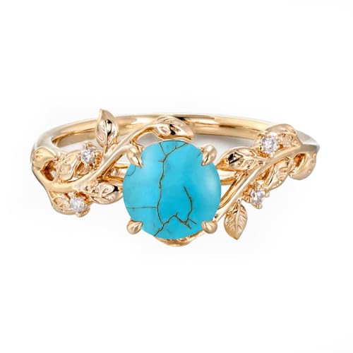 10K 14K 18K Gold 1 Carat Round-Cut Gemstone Vintage Engagement Ring for Women Nature Inspired Birthstone Leaf Vine Wedding Promise Anniversary Rings for Her Wife Bridal Size 4~12-Turquoise