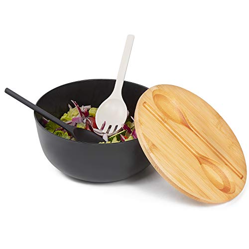 Ecohagou Large Salad Serving Bowl With Lid And Tongs, Bamboo Fiber Salad Bowl Set For Salad,Fruit,Vegetables To Replace Wooden Bowls(Matte Black) #TOP2