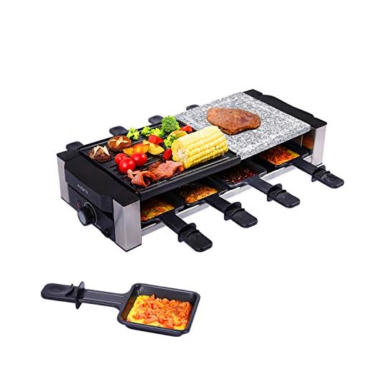AONI Raclette Table Grill, Electric Indoor Grill Korean BBQ Grill, 1200W Removable 2-in-1 Non-Stick Grill Plate and Cooking Stone, Ideal for Parties with 8 Cheese Melt Pans