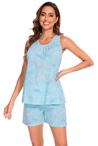 Image of CHUNG Women's Cute Cotton Pajama Set Cartoon Tank Tee Shorts Sleepwear Summer Plus Size Stripe Shoties