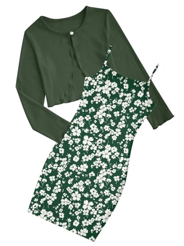 Vogseek Girls Dresses Fall Outfits 2 Piece Floral Sleeveless Cute Dress and Cardigan 7-14T